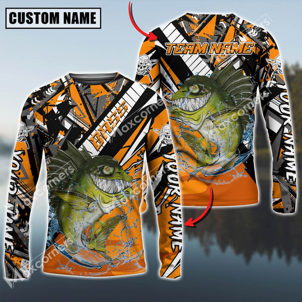 Maxcorners Bass Fishing Angry Halloween Pattern Sport Jersey Sun Protection Personalized Name, Team Name Long Sleeve Shirt