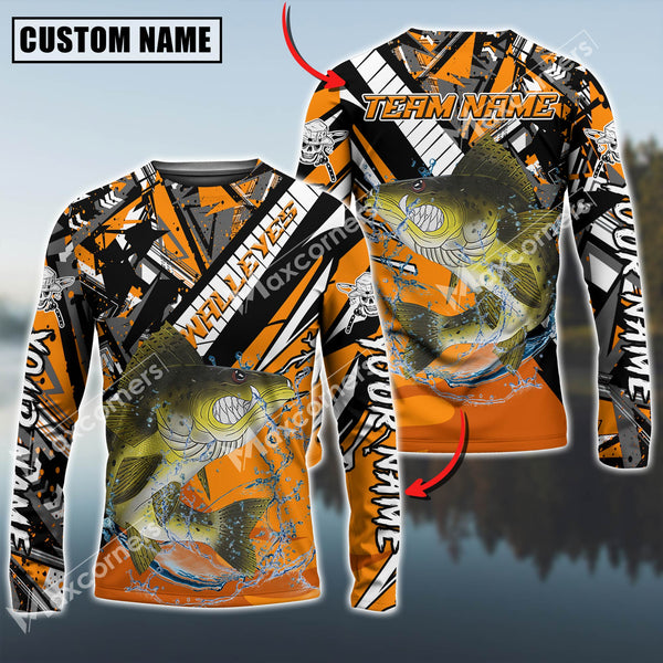 Maxcorners Walleyes Fishing Angry Halloween Pattern Sport Jersey Sun Protection Personalized Name, Team Name Long Sleeve Shirt