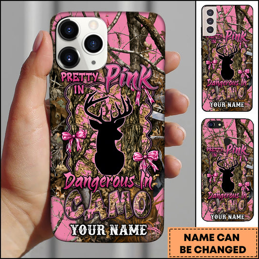 Maxcorners Hunting Pretty In Pink Deer Woodland Camo Personalized Name 3D Phone Case