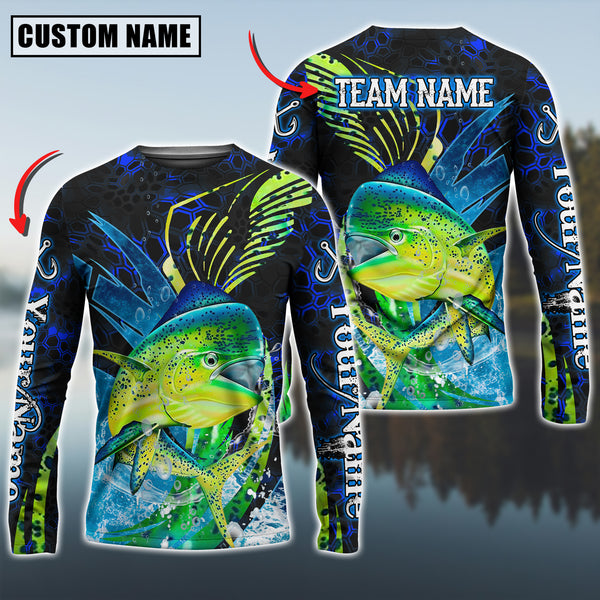 Maxcorners Mahi-Mahi Fishing Tailored Tides Pattern Personalized Name, Team Name 3D Long Sleeve Shirt