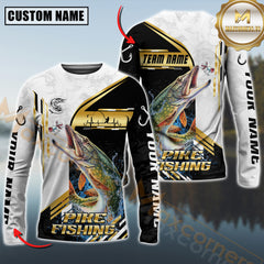 Maxcorners Pike Fishing Hook Graphic & Jumping Fish Art  Personalized Name, Team Name 3D Long Sleeve Shirt