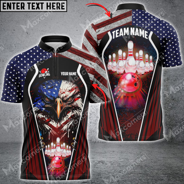 Maxcorners Bowling & Pins Eagle American Flag Customized Name And Team Name 3D Polo Shirt