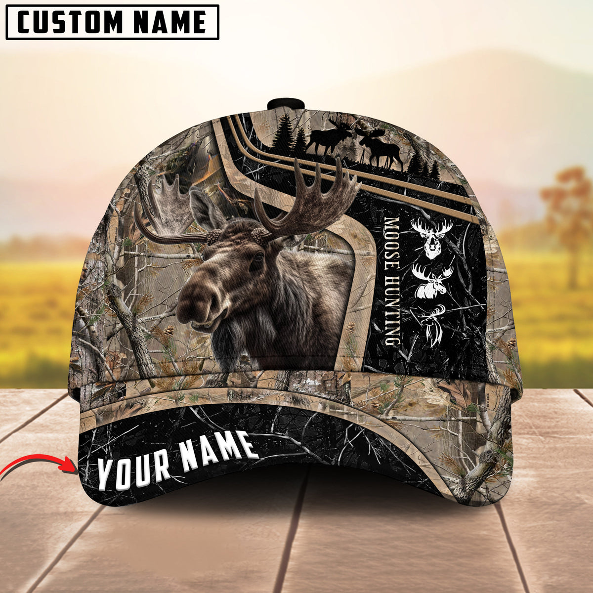 Maxcorners Moose Hunting Camo Pattern Multicolor Option Personalized Name 3D Cap