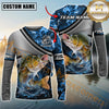 Maxcorners Fishing Grey Diagonal Stripe & Blue Flame Water Splash Personalized Name, Team Name 3D Long Sleeve Shirt (Large Mouth Bass, Walleye, Trout, Crappie, Catfish, Pike)