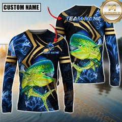 Maxcorners Fishing Blue Ocean Wave & Gold Geometric Personalized Name, Team Name 3D Long Sleeve Shirt (Mahi-mahi, Tuna, Chinook, Marlin, Striped Bass, Salmon)
