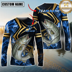 Maxcorners Fishing Blue Ocean Wave & Gold Geometric Personalized Name, Team Name 3D Long Sleeve Shirt (Mahi-mahi, Tuna, Chinook, Marlin, Striped Bass, Salmon)