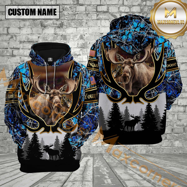 Maxcorners Moose Hunting Blue Camouflage Forest Pattern Custom Name Shirt 3D All Over Printed Clothes