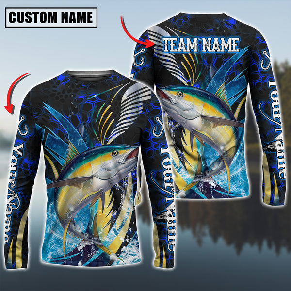 Maxcorners Tuna Fishing Tailored Tides Pattern Personalized Name, Team Name 3D Long Sleeve Shirt