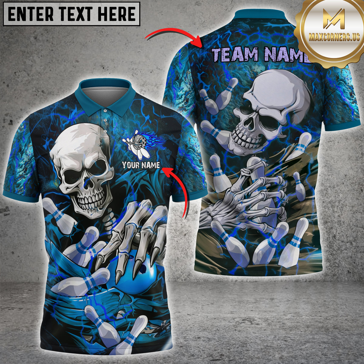 Maxcorners Skull Bowling Jersey Multicolor Option Customized Name, Team Name 3D Polo Shirt