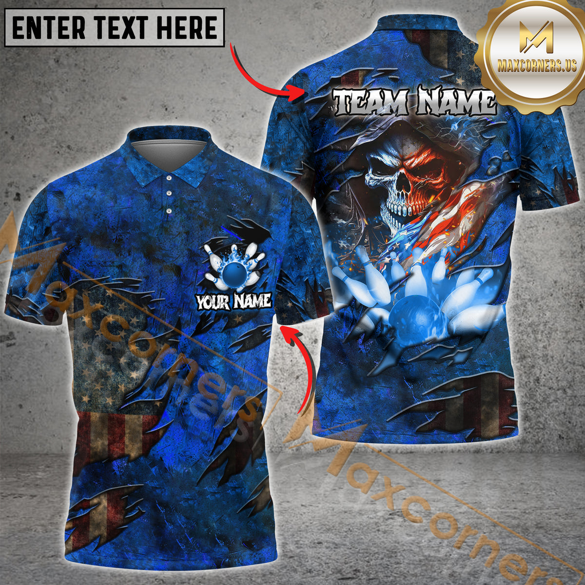 Maxcorners Skull American Flag Bowling Jersey Multicolor Option Customized Name, Team Name 3D Polo Shirt