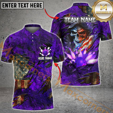 Maxcorners Skull American Flag Bowling Jersey Multicolor Option Customized Name, Team Name 3D Polo Shirt