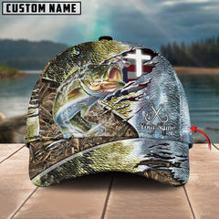 Maxcorners Bass Fishing American Flag & Cross Design with Camo Detail Multicolor Personalized Name 3D Cap