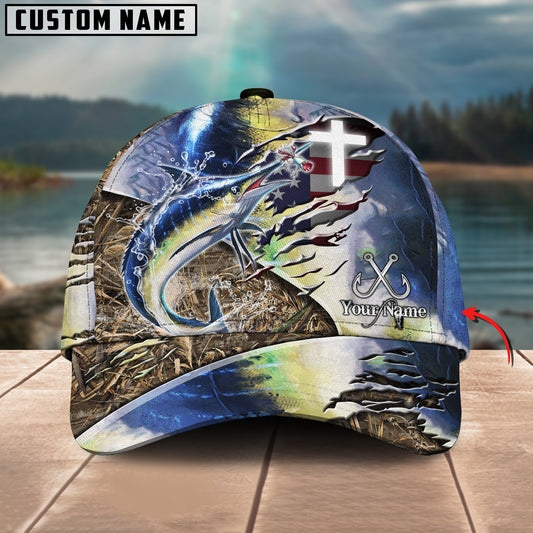 Maxcorners Marlin Fishing American Flag & Cross Design with Camo Detail Multicolor Personalized Name 3D Cap