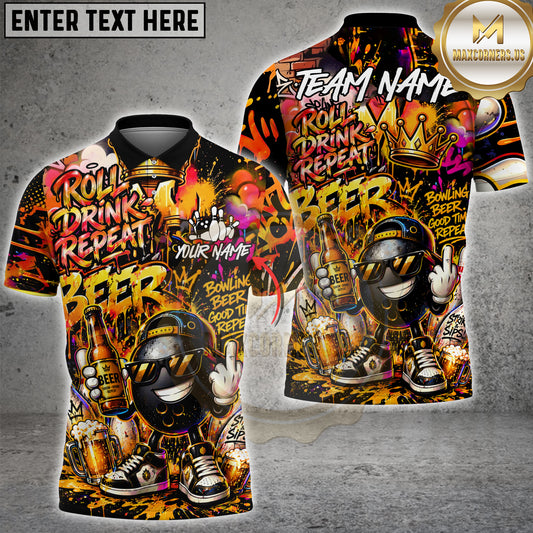 Maxcorners Bowling Beer Graffiti Character Funny Drunk Multicolor Customized Name, Team Name 3D Shirts