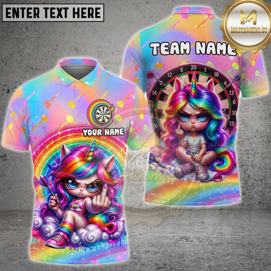 Maxcorners Cute Angry Unicorn Darts Rainbow Personalized Name, Team Name 3D Shirt