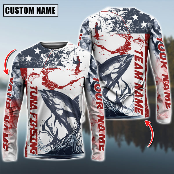 Maxcorners Tuna Fishing American Flag Personalized Name, Team Name 3D Long Sleeve Shirt