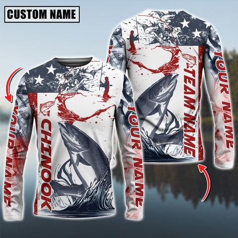 Maxcorners Chinook Fishing American Flag Personalized Name, Team Name 3D Long Sleeve Shirt