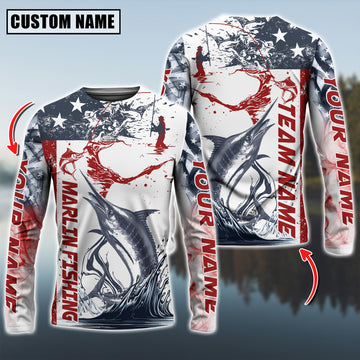 Maxcorners Marlin Fishing American Flag Personalized Name, Team Name 3D Long Sleeve Shirt