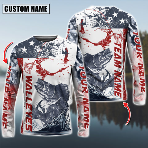 Maxcorners Walleyes Fishing American Flag Personalized Name, Team Name 3D Long Sleeve Shirt