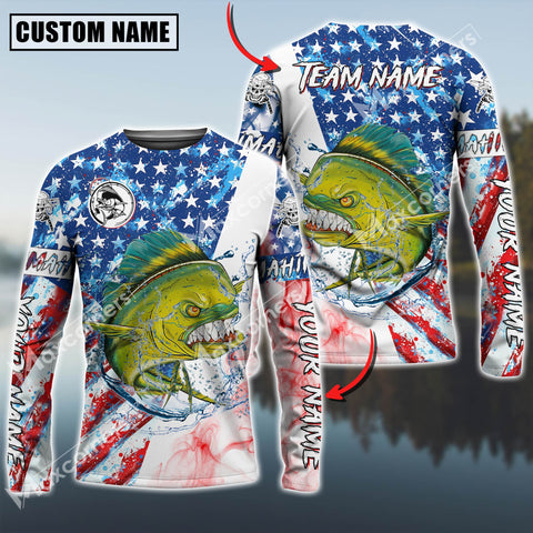 Maxcorners Angry Mahi-Mahi Fishing American Flag Pattern Personalized Name, Team Name 3D Long Sleeve Shirt