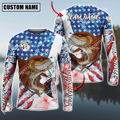 Maxcorners Angry Redfish Fishing American Flag Pattern Personalized Name, Team Name 3D Long Sleeve Shirt