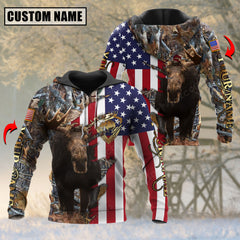 Maxcorners US Flag Patriotic Moose Hunting Leather Pattern Custom Name Shirt 3D All Over Printed Clothes (4 Colors)