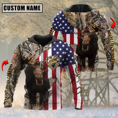 Maxcorners US Flag Patriotic Moose Hunting Leather Pattern Custom Name Shirt 3D All Over Printed Clothes (4 Colors)