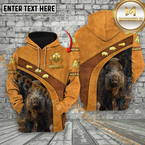 Maxcorners Brown Leather Style Boar  Hunting Custom Name Apparel 3D Hoodie All Over Printed Clothes