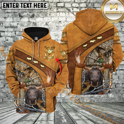 Maxcorners Brown Leather Style Moose Hunting Custom Name Hunter Apparel With Grass Brown Camo 3D Hoodie All Over Printed Clothes