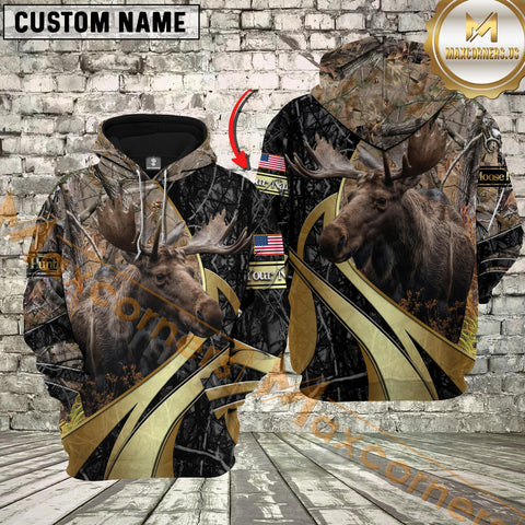Maxcorners Grass Brown Camo Moose Hunting Custom Name Hunter Apparel With American Flag 3D Hoodie All Over Printed Clothes