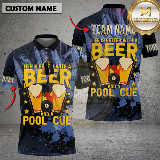 Maxcorners Billiard Life Is Better With Beer And A Pool Cue Personalized Name 3D Unisex Shirt