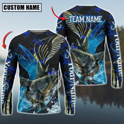 Maxcorners Catfish Fishing Tailored Tides Pattern Personalized Name, Team Name 3D Long Sleeve Shirt