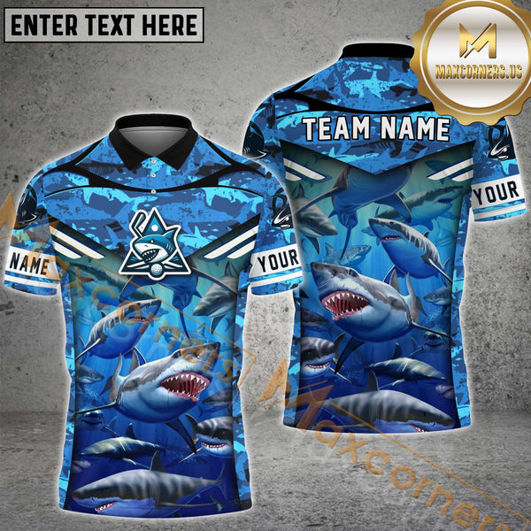 Maxcorners Shark Golf Jersey Customized Name, Team Name 3D Polo Shirt