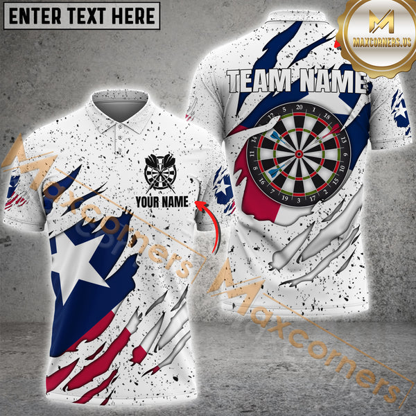 Maxcorners White Grunge Texas Flag Darts Jersey Customized Name, Team Name 3D Polo Shirt