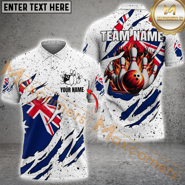 Maxcorners White Grunge Australian Flag Bowling Jersey Customized Name, Team Name 3D Polo Shirt