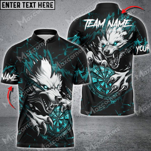 Maxcorners Personalized Wolf Lightning Darts Polo & Quarter Zip Custom Men Dart Shirts Darts Jersey |Turquoise