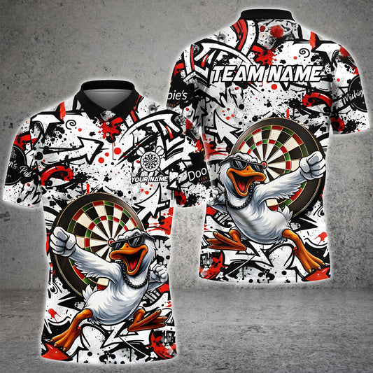 Maxcorners Personalized White & Red Graffiti Darts Men Polo & 1/4-Zip Dart Shirt Funny Duck Dart Team Jerseys LM1903 For Nic
