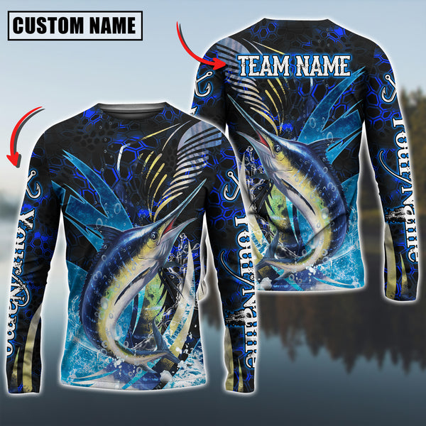 Maxcorners Marlin Fishing Tailored Tides Pattern Personalized Name, Team Name 3D Long Sleeve Shirt