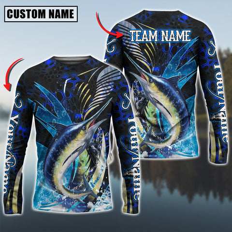 Maxcorners Marlin Fishing Tailored Tides Pattern Personalized Name, Team Name 3D Long Sleeve Shirt