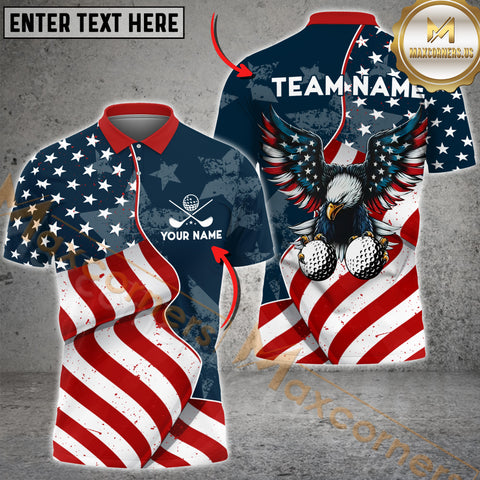 Maxcorners Golf Eagle American Flag Personalized Name, Team Name 3D Shirt