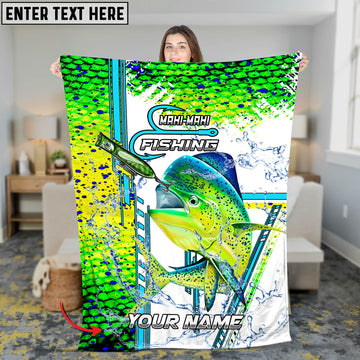 Maxcorners Mahi-Mahi Fishing Blue Line Skin Fish Pattern Sun Protection Personalized Name 3D Blanket