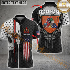 Maxcorners Billiard Skull American Flag Multicolor Options Personalized Name, Team Name 3D Polo Shirt