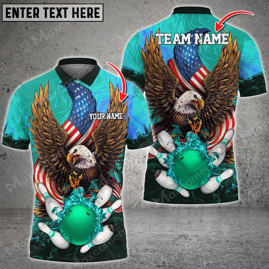Maxcorners Bowling & Pins USA Eagle Flag Multicolor Option Customized Name, Team Name 3D Polo Shirt (4 Colors)