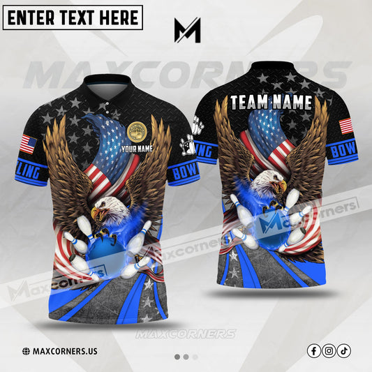 Maxcorners Bowling Patriotic Eagle Ball Flame Multicolor Option Customized Name, Team Name 3D Polo Shirt (4 Colors)