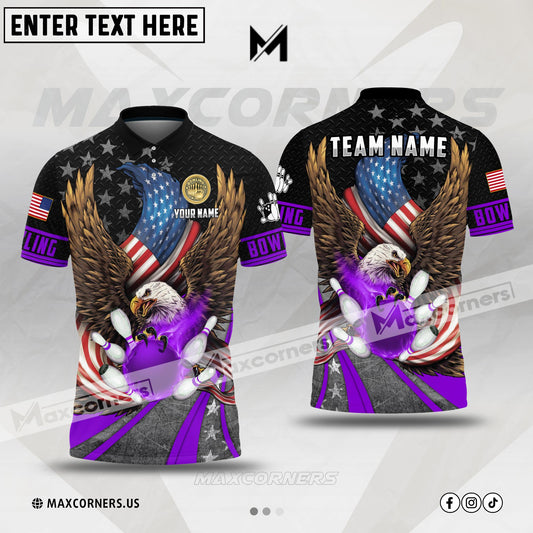 Maxcorners Bowling Patriotic Eagle Ball Flame Multicolor Option Customized Name, Team Name 3D Polo Shirt (4 Colors)