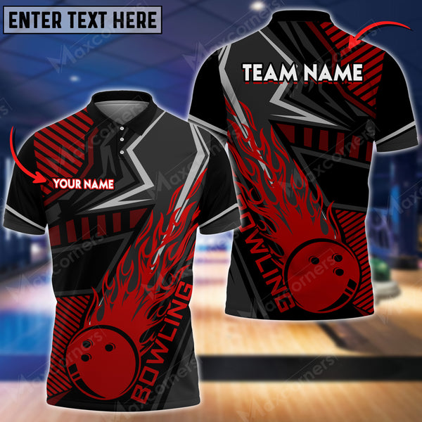 Maxcorners Bowling & Pins Flame Sport Jersey Multicolor Option Customized Name, Team Name 3D Polo Shirt