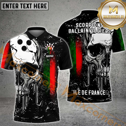 Maxcorners Skull Portuges Flag Bowling Jersey Customized Name, Team Name 3D Polo Shirt For Bruno