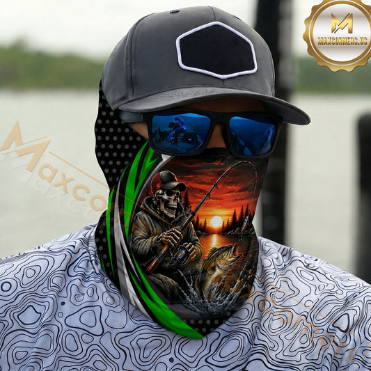Maxcorners Fishing Skull Angler Green Wave 3D Neck Gaiter (9 Fish Species)