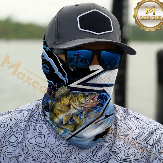 Maxcorners Fishing Splash Blue Water Hook Pattern 3D Neck Gaiter (12 Fish Species)