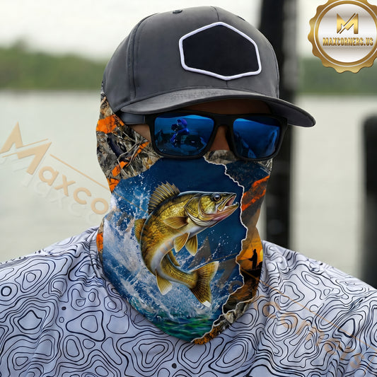 Maxcorners Fishing Blue Sunset Ocean Camo 3D Neck Gaiter (12 Fish Species)